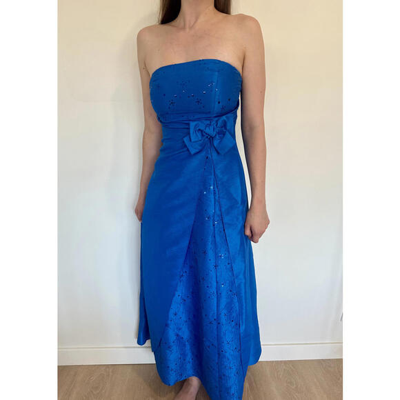 Royal Blue Sparkly Bow Strapless Fancy Vintage Prom Dress - Picture 1 of 7